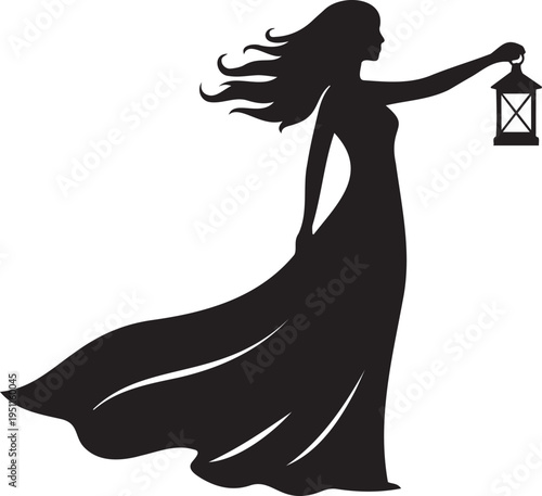 Graceful silhouette of a woman in a long flowing dress holding a lantern walking forward providing light in the darkness for concepts of hope guidance spirituality or fantasy vector design