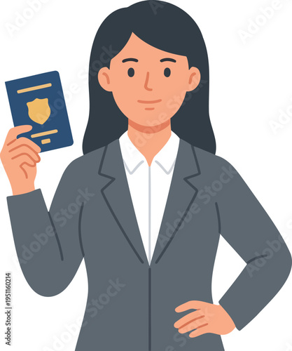 Professional female officer holding a passport or government identification, flat vector illustration for immigration services, law enforcement, travel security, border control and public service offi