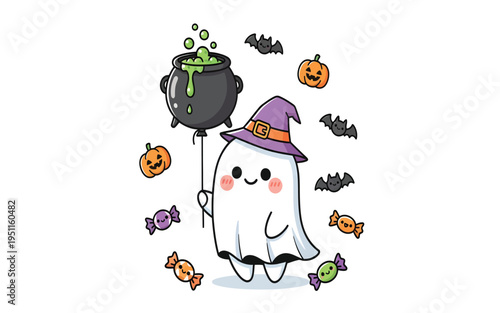 Cartoon ghost in witch hat.