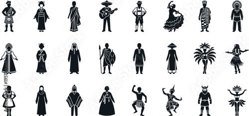 Professional Global Traditional and Cultural Costume Icon Set Featuring Folk Dress Ethnic Outfits and National Attire Silhouettes from Diverse Cultures Worldwide