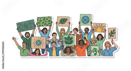 Diverse group of people holding environmental signs and symbols