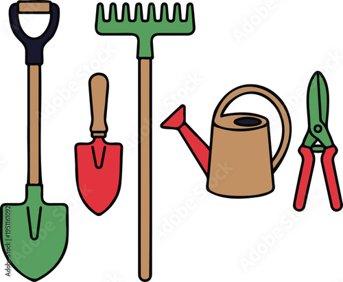 Flat vector collection of essential gardening tools including shovel rake watering can and shears, colorful icons set for garden maintenance, backyard landscaping, horticulture hobby and professional 