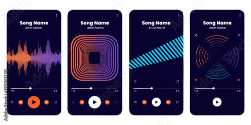 "A professional, high-resolution graphic design set featuring four diverse music player user interface (UI) layouts, isolated on a clean white background. Each player is presented on a dark navy blue 