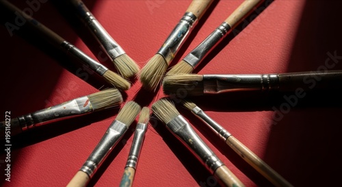 Artistic Arrangement of Paintbrushes on Vibrant Red Background