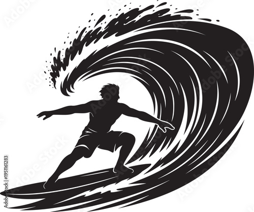 Dynamic silhouette of a male surfer riding a massive curling ocean wave tube, black and white vector illustration for extreme water sports, surfing lifestyle, beach adventure and coastal recreation.