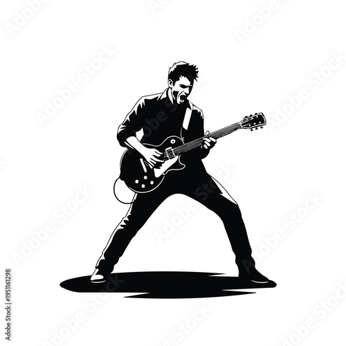 A guitar hero plays an electric guitar with dynamic pose and cinematic lighting on a clean white background
