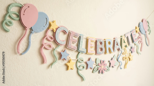 A delightful pastel-colored banner spelling out 'CELEBRATE' with accompanying balloons, stars, and floral decorations, perfect for party and event decor