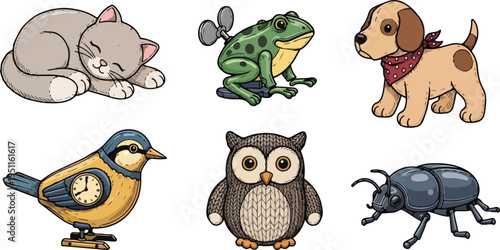 Foto Assortment of wind-up toys and plush animals including a cat, frog, puppy, bird,