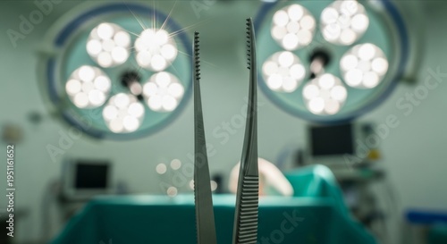 Surgical Instruments in Operating Room with Bright Lights Above