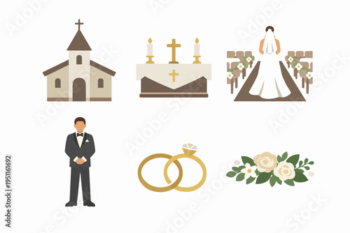 Wedding ceremony icons illustrating celebration, love, and marriage