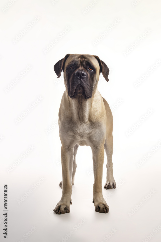 Obraz premium Bulldog stands on a plain background during a photo session in a studio setting in the afternoon light