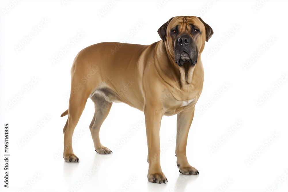 Fototapeta premium Bullmastiff stands still on a white background while looking directly at the camera during a photo shoot in a studio setting