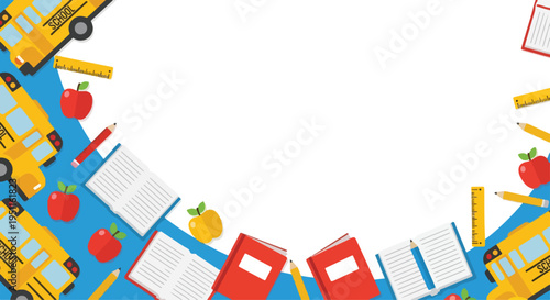 Back to school background frame with school buses, books, pencils, and apples on blue background