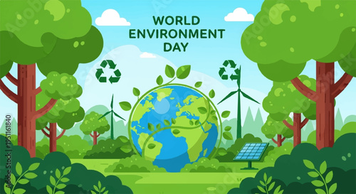 World environment day illustration with green globe trees wind turbines recycling symbols and solar panel in a natural landscape