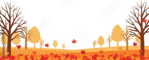 Autumn park landscape with bare trees falling red maple leaves orange hills and yellow foliage on transparent background