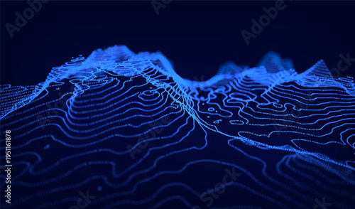 Abstract cyber ai background digital design with wireframe landscape grid line. 3D mountain and futuristic technology topographic big data concept. 