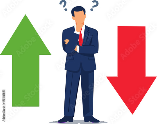 Man in a suit thinking, choosing a direction, having doubt, or deciding between options