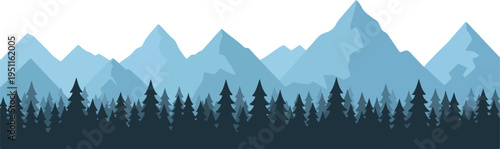 Blue mountain range and pine forest silhouette landscape with panoramic view on transparent background for nature poster