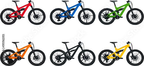Colorful mountain bike collection showing a range of off-road cycling equipment