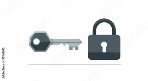 A gray metal key positioned next to a dark gray padlock, symbolizing access and security on a transparent background.