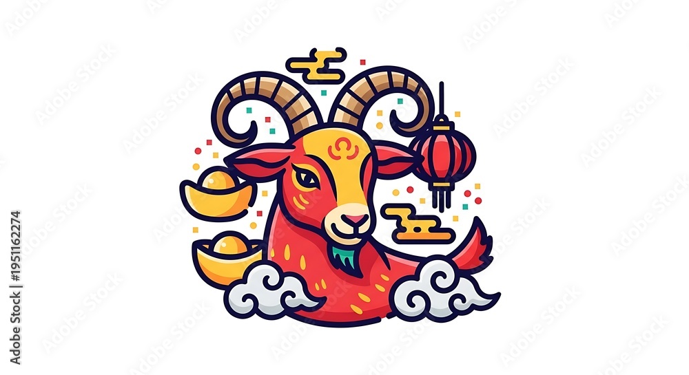 Fototapeta premium Colorful illustrated goat, adorned with gold ingots and a lantern, set against a pristine white background. Spirals and clouds add decorative elements