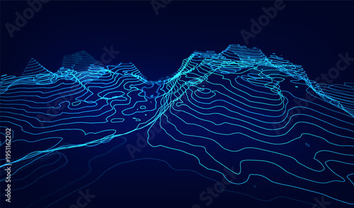 Abstract cyber ai background digital design with wireframe landscape grid line. 3D mountain and futuristic technology topographic big data concept. 
