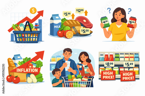 Illustrating economic inflation impacting grocery prices and cost of living for families