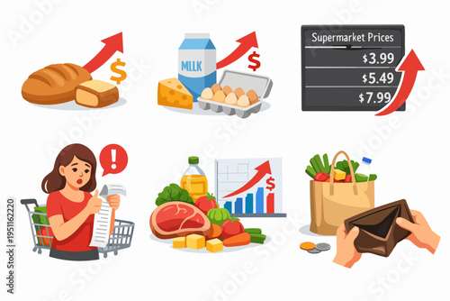 Rising food prices concept with consumer seeing expensive grocery bill and empty wallet