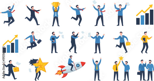 Business success collection with people celebrating achievements winning trophies jumping for joy and financial growth