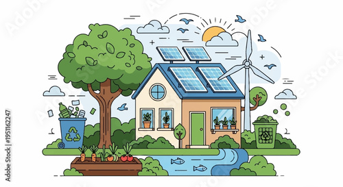 Eco friendly house with solar panels and green surroundings sustainable living concept