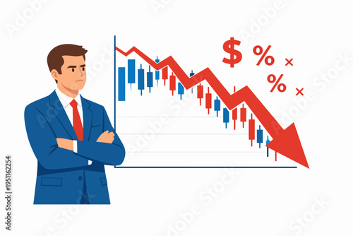 Businessman watching stock market crash with red downward arrow and candlestick chart