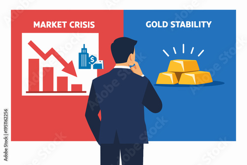Businessman choosing between market crisis and gold stability investment during economic downturn