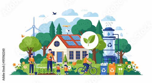 Eco friendly suburban neighborhood with solar powered home and wind turbine surrounded by lush greenery and happy residents engaging in sustainable living practices