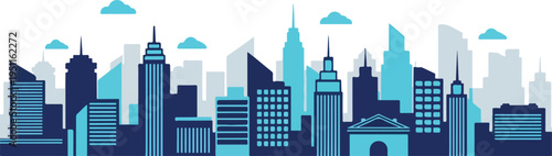 City skyline silhouette with skyscrapers buildings and clouds in blue and dark blue on transparent background.
