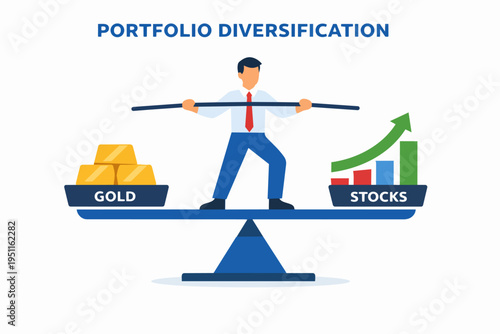 Financial manager balancing gold and stocks, illustrating portfolio diversification and investment risk
