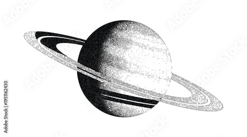 A stippled illustration of the planet saturn with its distinctive ring system isolated on white background