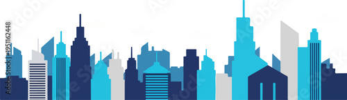 Cityscape silhouette, modern skyscrapers, buildings, urban skyline, tall towers, blue and grey color palette
