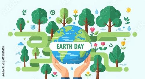 Earth day illustration with hands holding globe surrounded by trees flowers and eco friendly symbols on green background