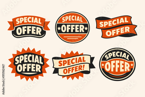 Special offer badges and labels in retro style promoting sales and discount marketing
