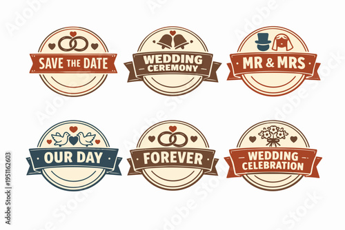 Set of vintage wedding badges and labels for ceremony invitations and celebration design