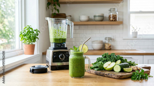 Green detox smoothie in mason jar beside blender and fresh vegetables in modern kitchen.