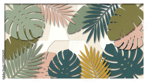 Artistic papercut style illustration showcasing a lush array of tropical leaves, forming a captivating and decorative botanical pattern with natural harmony and elegance for modern design
