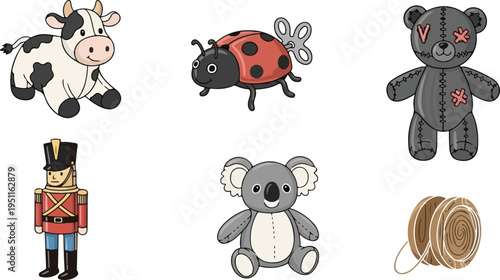 Collection of six cartoon toys a cow a ladybug a teddy bear a toy soldier a koala and a spool of thread on transparent background