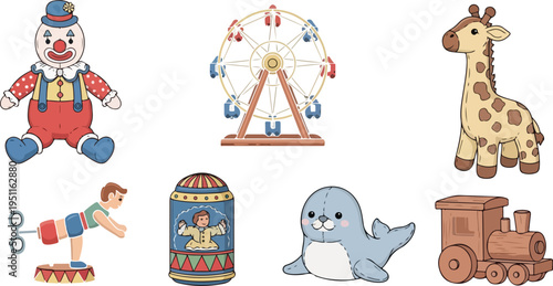 Collection of six cartoon toys a clown a ferris wheel a giraffe a toy boy a carousel and a seal on transparent background
