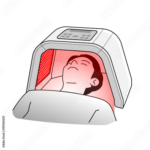 Vector icon and illustration for Red Light Therapy Facial Treatment for Skin Rejuvenation. Man lying under a red Light Therapy Device for Skin Care and Anti-Aging Treatment.