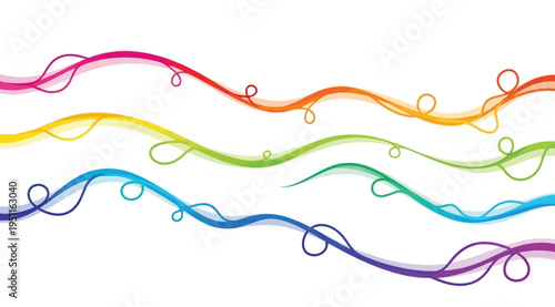 Colorful wavy ribbons in rainbow hues with curls isolated on white background for decoration and design