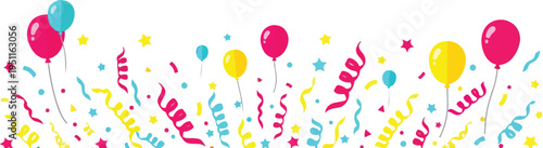 Colorful party balloons with flying confetti and serpentine ribbons on transparent background for festive celebration event