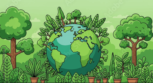 Earth surrounded by lush greenery and potted plants symbolizing environmental conservation and sustainability