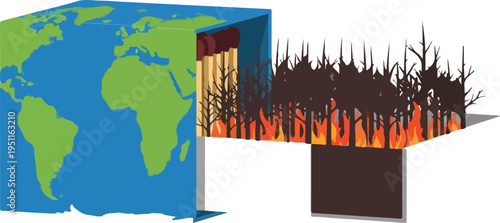 Conceptual illustration showing matches box transforming into burning forest with global map texture for ecology awareness