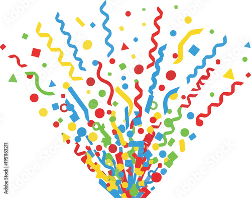 Confetti and streamers explosion colorful party elements on transparent background celebration event decoration.